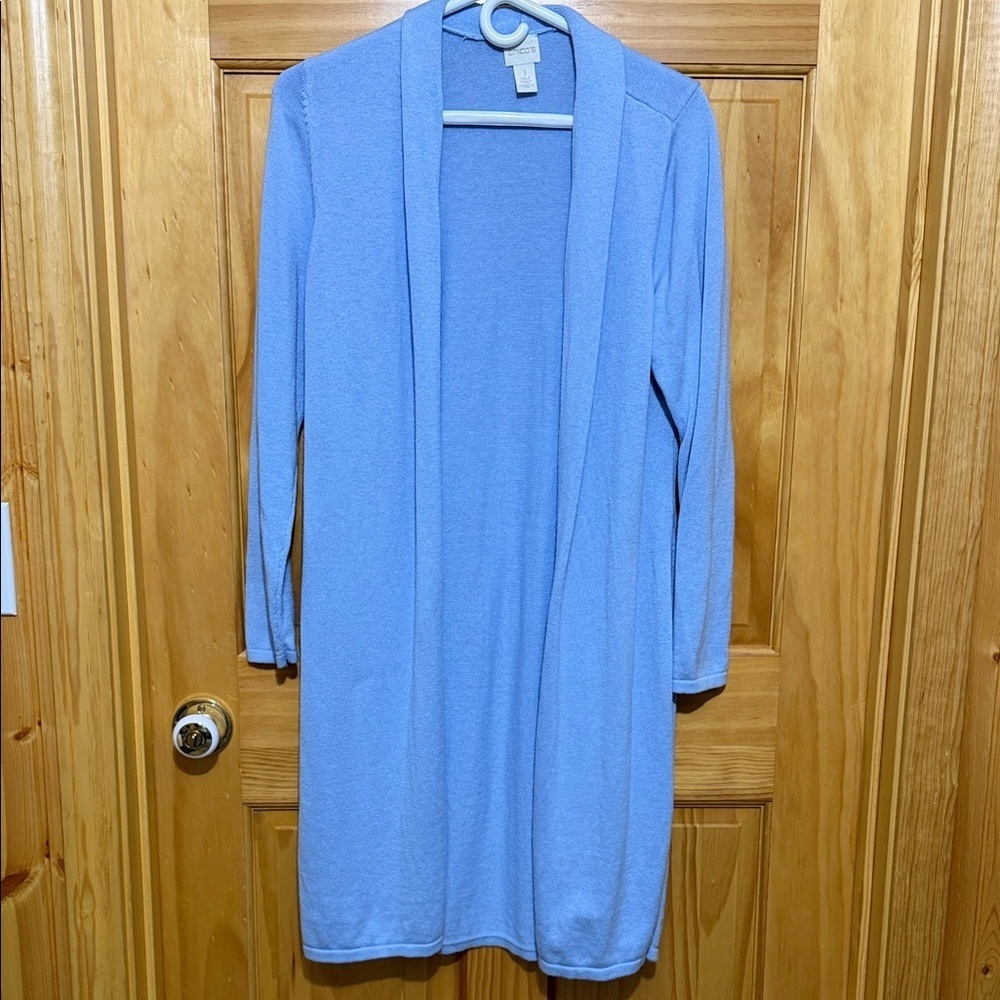 Chico's Soft Blue Knit Open Front Long Cardigan, Size 1/Medium/8.